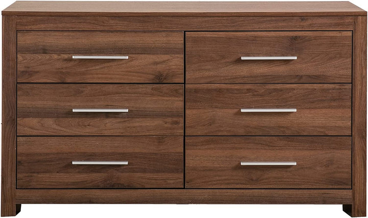 Modern wooden dresser with six drawers and metal handles, home bedroom furniture